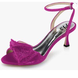 FYS Women Cute Rhinestones Bow Peep Toe Low Kitten Heel Ankle Strap Sandals Pink